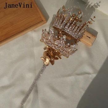 JaneVini Прекрасна скиптър ръчно изработени, златна корона, булчински букети, букет изкуствени цветя, сватбени скипетры с кристали, аксесоари