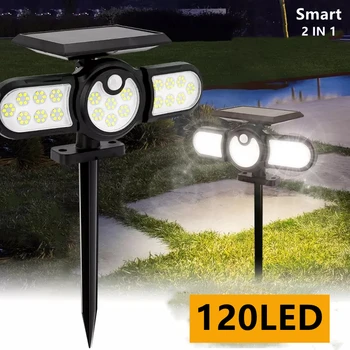 120LED умен слънчев led лампа с датчик за движение, градински лампа, водоустойчив, за вилата, на двора, в павилиона, лампи, 2 в 1, слънчева светлина за косене на трева