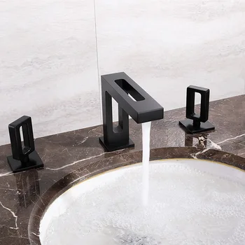 Безплатна доставка Луксозен черен месинг смесител за мивка в банята с най-високо качество с три дупки и две дръжки, меден смесител за мивка, артистичен дизайн