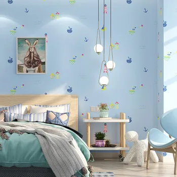 За чудесни анимационни тапети, средиземноморска детска стая за момчета и момичета, светло сини тапети с ветроходна лодка за стените на хола, спалня