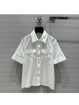 2023 Нова дамски пролетно-лятна класическа удобна младежта реколта памучен бяла риза с двойни джобове с ревери на поръчка