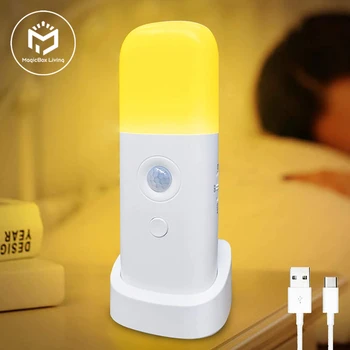 Лека нощ и с датчик за движение в помещението, която се презарежда чрез USB led лампа с регулируема яркост, преносим нощна лампа с активирането на движението за детски стаи, спални