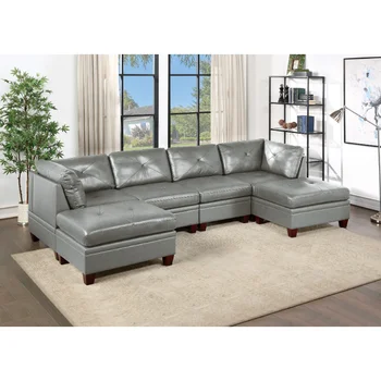 Секционни диван-стол от естествена кожа, пуфики, комплект от 6 теми, сив диван с дрямка, мебели за хола, сива естествена кожа