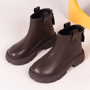 Новост есен-зима 2023, детски модни обувки, детски водоустойчив нескользящие памучни топли кожени ботуши с цип за момичета, ежедневни обувки