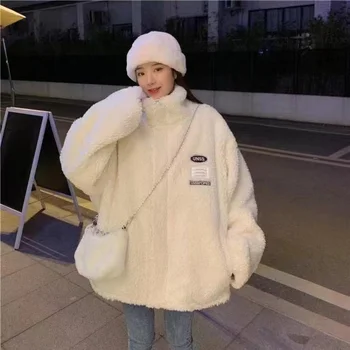 QWEEK Дамски hoody Kawaii Harajuku с качулка с цип, бяла hoody оверсайз от изкуствена овче руно, стилни зимни дрехи в корейски стил