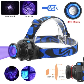 Ултравиолетова лилаво UV-налобный фенер 395нм, USB-акумулаторна главоболие фенер с увеличение, XPG led, лампа, лилаво-скорпион, външно откриване на UV-светлина