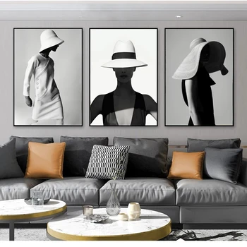 Черно-бял модерен женски плакат с принтом Елегантни жени в шапка, картина върху платно, портрет в скандинавски стил, начало декор, стенно изкуство