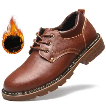 Мъжки ежедневни обувки от естествена кожа, зимни мъжки обувки плюс кадифе, кафяво мъжки обувки за мъже, дизайнерски обувки, официални Oxfords