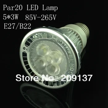Висококачествен led лампа PAR20 15 W, 5X3 W, осветление E27, 10 бр/лот, sliver 110 - 240 v, Студен Бял, Топъл Бял PAR20, Ниска цена