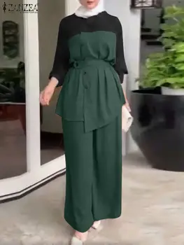 2023 ZANZEA контрастен цвят, без всекидневни комплект, богемные мюсюлмански комплекти блуза с кръгло деколте и дълъг ръкав, спортни панталони, елегантен празничен костюм