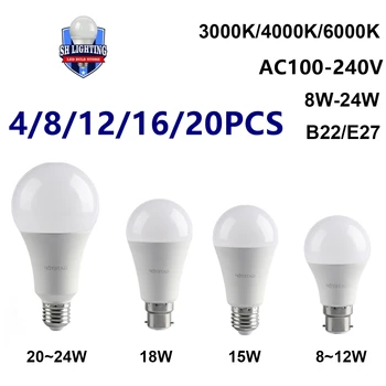 4-20 ПАРЧЕТА AC110V/AC220V Led енергоспестяващи Крушки E27 B22 Светлина Реална Мощност 8 W-24 W Без светлинни ефекти топло бяла светлина