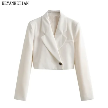 KEYANKETIAN /есен нова жена асиметричен бял костюм, офис женски съкратен блейзър на една пуговице, връхни дрехи с подкладками, кратък топ