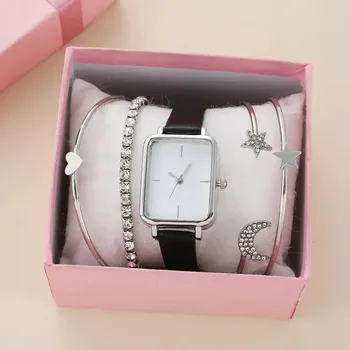 Дамски часовници с диаманти, набор от часовници-гривни със звездна квадратен циферблат, женски кожена каишка, кварцов часовник, дамски часовници Zegarek Damski