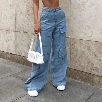 Дамски дънки 90-те години на Y2K в стил мозайка, широки дънки за мама, панталони-карго с голям джоб, реколта панталони за прибиране на реколтата, Ежедневни градинска облекло, дънки на приятел