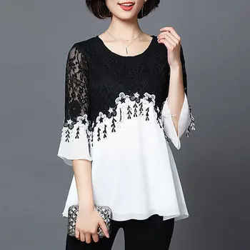 Скъпа лейси блуза в стил мозайка, модерен дизайн с цветни ивици, лятна ежедневни дамски дрехи с къс ръкав, свободна корейската риза с кръгло деколте