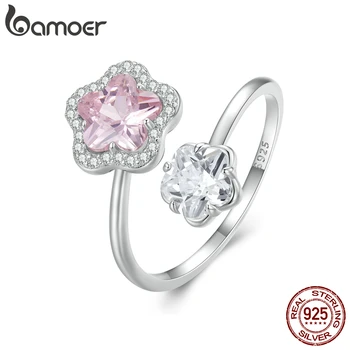 Bamoer, сребро 925 проба, за да създадете пръстен с ослепително розово цвете, скъпа вишнев цвят, регулируем пръстен за жени, подарък за Свети Валентин