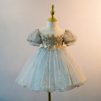 2023 принцеса Рокля с пайети за малки момичета, елегантни бални рокли от тюл с голям нос за малки момичета, рокли за парти на 1-ви рожден ден