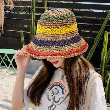 COKK Летни шапки за жени, артистична сламена шапка от слънцето, жените шарени сгъва шапка от слънцето с голяма периферия, почивки на морето пътуването Gorro New