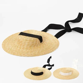 Нова лятна солнцезащитная плажна шапка елегантен и естествен 15см голяма сламена шапка с широка периферия Кентъки Дерби, шапка, лента, момиче, шапка лък