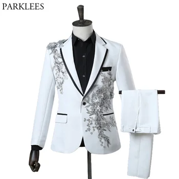 Модерен костюм с цветна бродерия, сако с пайети, мъжки бял костюм от 2 теми за една пуговице (яке + панталон Празничен костюм за певица на сцената