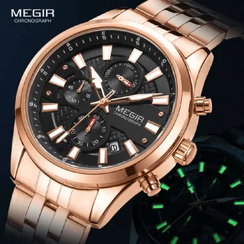 Мъжки часовник MEGIR 2023, луксозни ръчни часовници от водеща марка за мъже, каишка от розово злато, хронограф от неръждаема стомана, кварцов часовник, водоустойчив