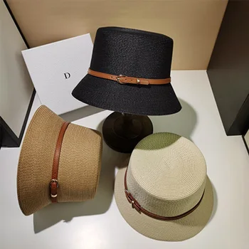 Дамски летни панама, бижу, колан, солнцезащитная шапка с защита от uv, дамска плажна шапка с плосък покрив, слънчеви шапки, сламена шапка, дерби за пътуване