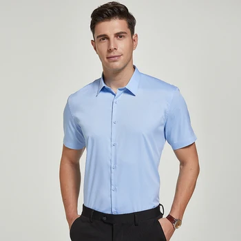 Къса стрейчевая риза от бамбуково влакно, летни обикновена риза с къс ръкав, мъжки ризи без преден джоб, ежедневни мека бизнес облекло