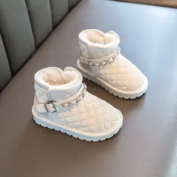 2022 Зимните Сладки Обувки с хляб, Зимни обувки за момичета, Плюс Кадифе Топло Памучен Обувки върху дебела подметка, Нескользящие Детски обувки в Клетката