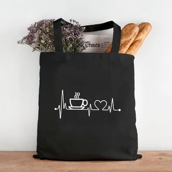 Холщовые чанти за пазаруване с принтом First Black Coffee, чанта за майките, дамски чанти на рамо, торби за многократна употреба за пазаруване, чанта за книги, за учители, студенти