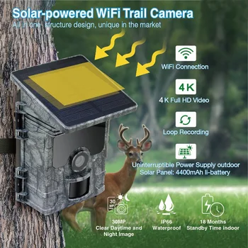 Камера за следене на слънчевата енергия 4K 30MP WiFi Bluetooth детска камера за наблюдение на дивата природа външна водоустойчива камера за нощно виждане IP66