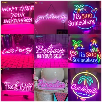 Неонова реклама с Let ' s Party Вярвай в себе си, не хвърляйте мечтата си, Коктейлна рай, 500 някъде, боядисани стени във формата на палми