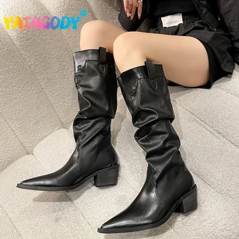 YATAGODY/размери 35-39, дамски ботуши до коляното, пикантен дамски обувки на дебелите обувки с остри пръсти, ботуши в западен стил, ежедневни офис дамски дълги ботуши