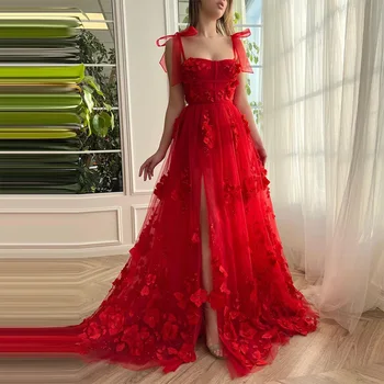 Sevintage Червени 3D цветя, дантелени апликации, рокли за абитуриентски, вечерни рокли трапецовидна форма с тънки спагети презрамки, рокля знаменитост 2023
