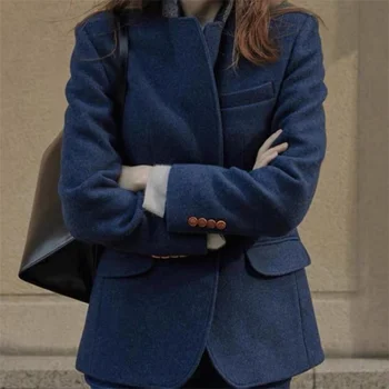 Есенно-зимния нов вълнен костюм, сако, дамско ежедневното свободно вълна палто в английски стил, дебели син блейзър