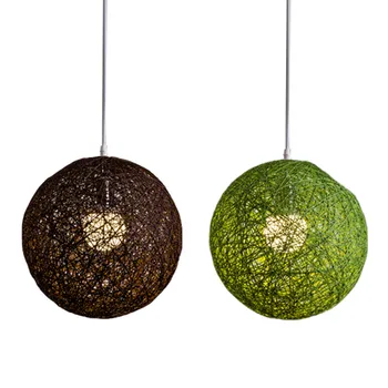 2X Топка полилей от зелен/кафе бамбук, ратан и канабис с индивидуално творчество, сферична лампа от ратан във формата на гнездото